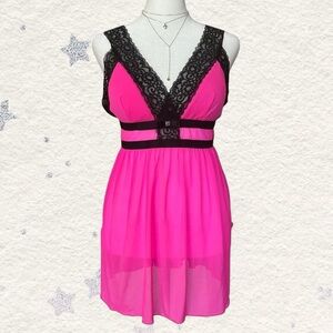 Secret Treasures hot pink & black sheer lace lingerie dress M